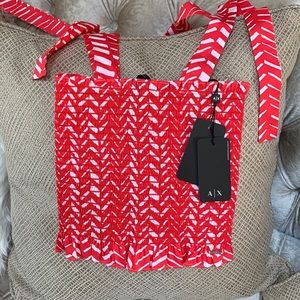 Armani Exchange coral/white smocked summer top